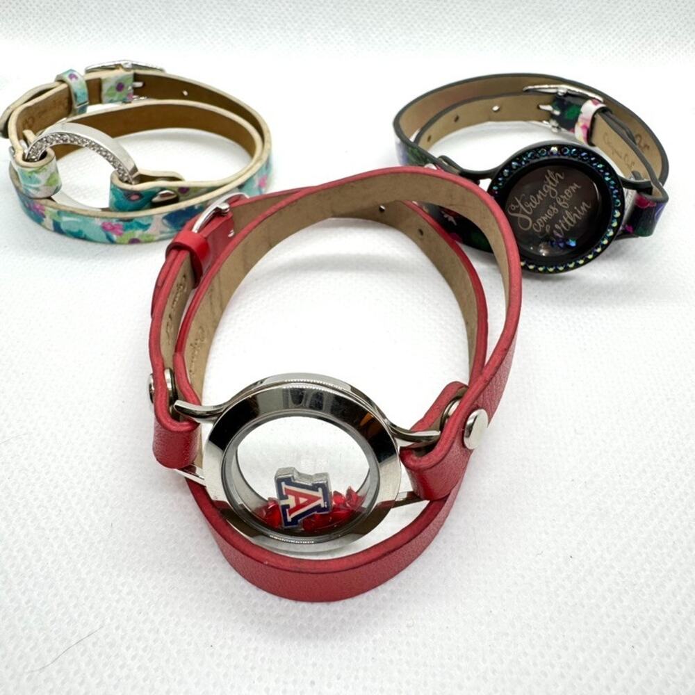 Lot of 3 Origami Owl Leather Wrap Bracelets with Lockets Charms Red Black Floral